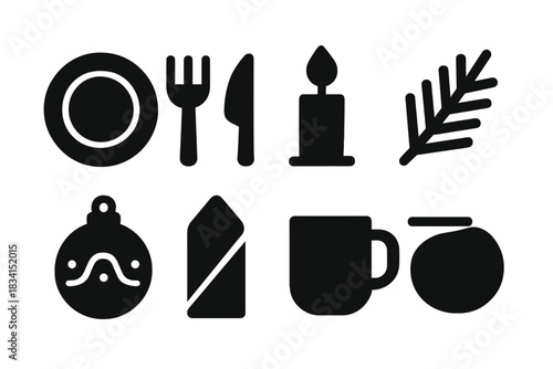 Holiday Icon Set. Holiday table flat lay. Filled icon set of Holiday table flat lay: plate, fork, knife,