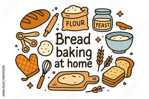 Home Bread Baking Doodle. Bread baking at home. Hand-drawn doodle illustration of Bread baking at home. loaf