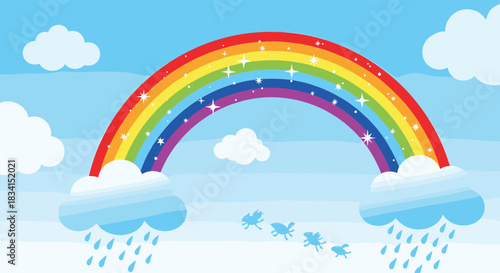 Whimsical cartoon landscape with a sparkling rainbow arching across a blue sky between two raining clouds and flying ponies.