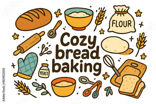 Cozy Bread Baking. Cozy bread baking. Hand-drawn doodle illustration of Cozy bread baking. loaf of bread,
