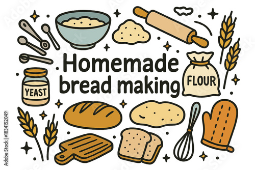 Homemade Bread Doodle. Homemade bread making. Hand-drawn doodle illustration of Homemade bread making. loaf of