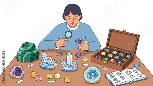 Mineral collector examining geometric crystal specimens, detailed geology-process imagery for science visuals, educational projects, and analytical motion graphics