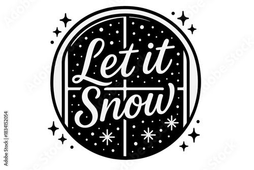 Snowy Window View. Window view with falling snow. modern hand lettering, smooth curves, balanced composition,