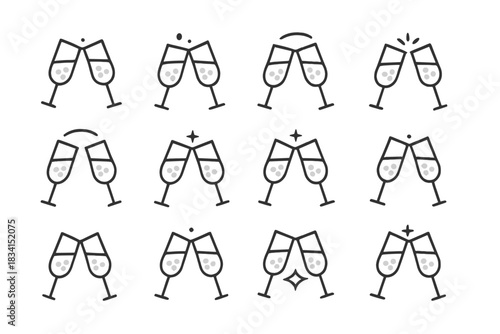 Champagne Glass Icon Set. Champagne glasses cheers. Line outline icon set of Champagne glasses cheers: two