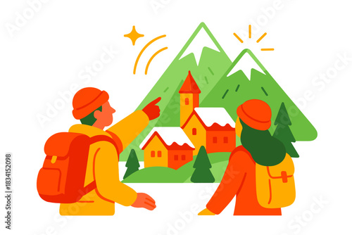 Alpine Village Exploration. Alpine village exploration. Travelers admire mountain views with snow-capped roofs