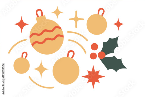 Festive Gold Ornaments. Golden holiday glow. Floating gold ornaments with red accents, spark icons and light