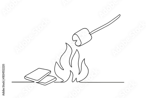 Minimalist S'mores Art. Evening treat by fire. Minimalistic one-line drawing marshmallow melting over flames