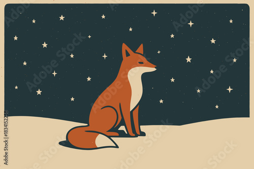 Nighttime Snow Fox. Night snow fox minimalist flat illustration of a lone fox under a starry sky with simple