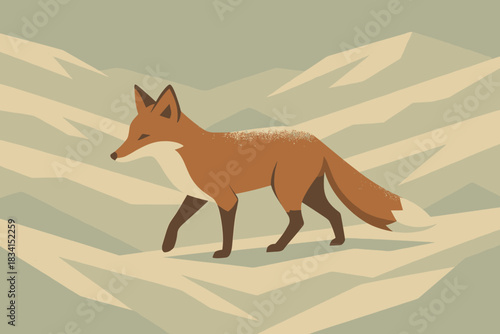 Frosted Meadow Fox. Frosted meadow fox minimalist flat illustration of a fox in angular snow-covered terrain