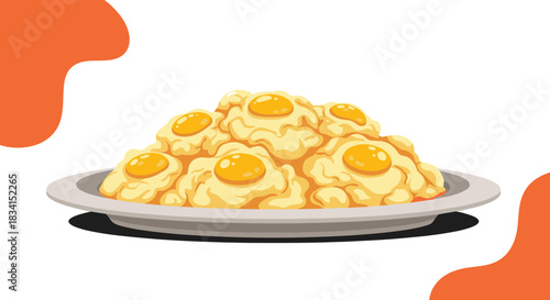 Large white plate piled high with multiple fluffy scrambled or fried eggs ready to be served for a big breakfast or brunch.