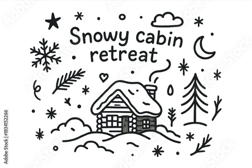 Snowy Cabin Doodle. Snowy cabin retreat. Hand-drawn doodle illustration of Snowy cabin retreat. Central doodle