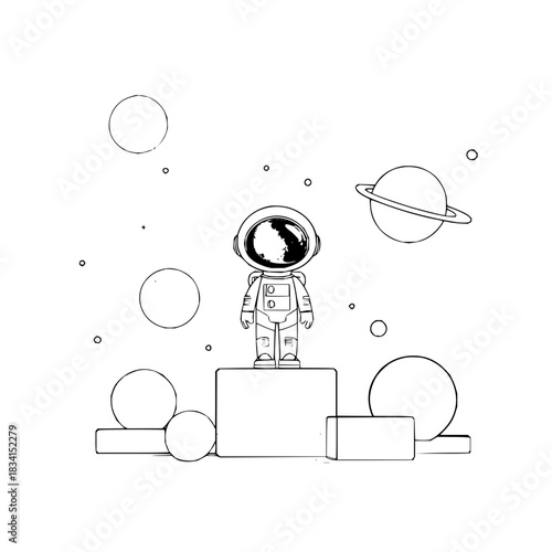 Astronaut standing on a block surrounded by planets and stars in a minimalist black and white drawing