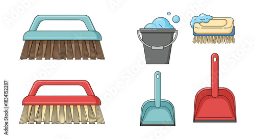 Collection of six essential cleaning tools including scrub brushes a bucket with soapy water a soap brush and two dustpans.