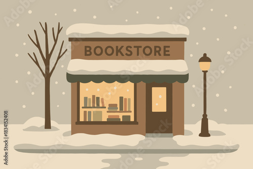 Cozy Bookstore in Snow. Cozy bookstore in snowy street minimalist flat illustration of a small shop with