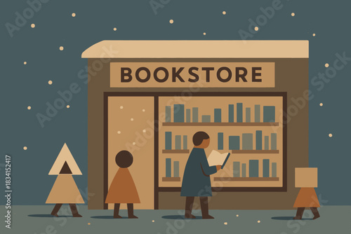 Vintage Bookstore Twilight. Twilight street reading minimalist flat illustration of small geometric figures