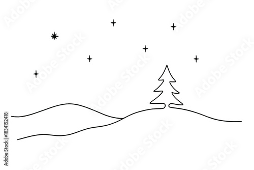 Minimal Winter Night. Silent winter night. Minimalistic one-line drawing night sky with sparse stars over
