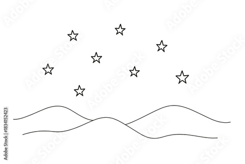 Winter Night Sky. Winter night sky with stars. Minimalistic one-line drawing scattered stars over silhouetted