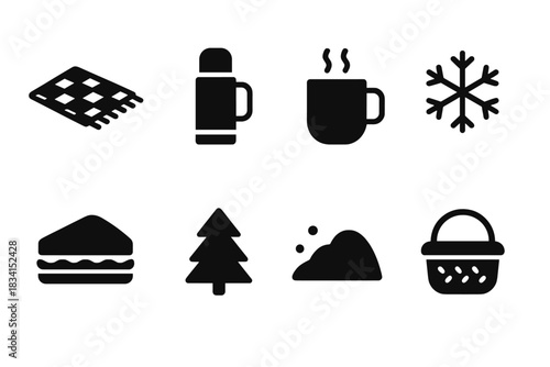 Winter Picnic Icons. Winter picnic scene. Filled icon set of Winter picnic scene: picnic blanket, thermos, mug