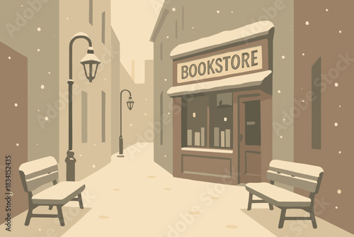 Snowy Alley Bookstore. Quiet snowy alley minimalist flat illustration of a bookstore on a narrow street with