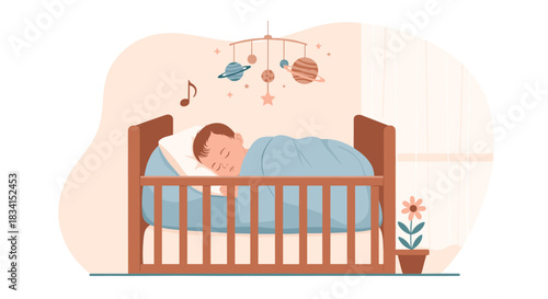 Peaceful scene of a cute baby boy sleeping soundly in a wooden crib with a planet-themed mobile hanging overhead in a nursery.