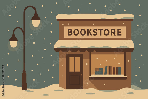 Snowy Bookstore Glow. Streetlight and bookstore minimalist flat illustration of glowing streetlamps casting