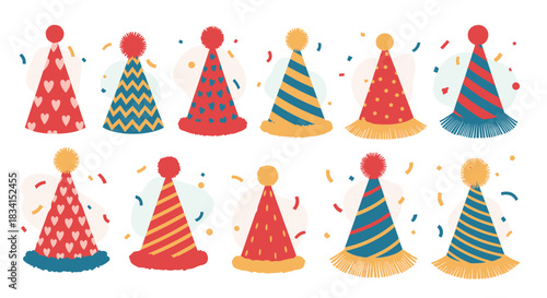 Festive collection of ten colorful party hats with various patterns like stripes hearts and dots topped with fluffy pom-poms.