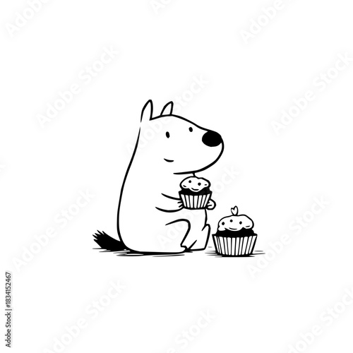 Cartoon dog sitting and holding a cupcake with another cupcake beside it in black and white style art
