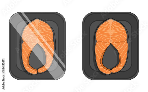 Vector illustration of packaged salmon meat in a styrofoam tray. 