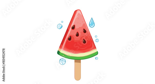 Refreshing watermelon slice popsicle on a stick with illustrated water drops and ice cubes for a cool summer treat concept.