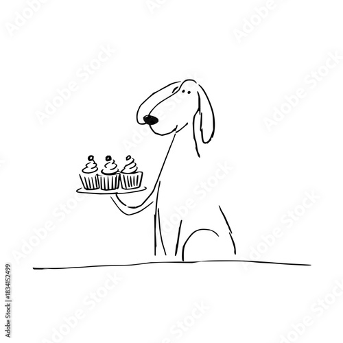 Dog holding a plate with three cupcakes in a simple black and white line drawing illustration style