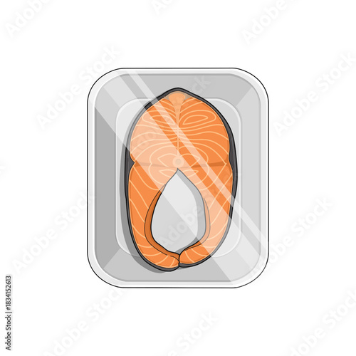 Vector illustration of packaged salmon meat in a styrofoam tray. 