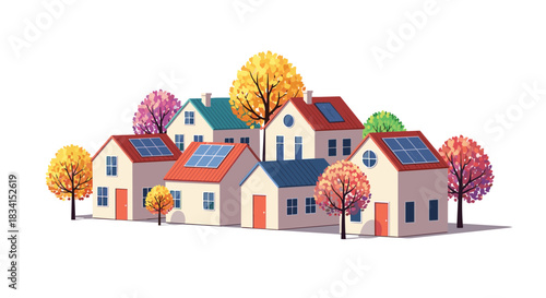 Charming illustration of a small village with cozy houses featuring solar panels on the roofs surrounded by colorful autumn trees.