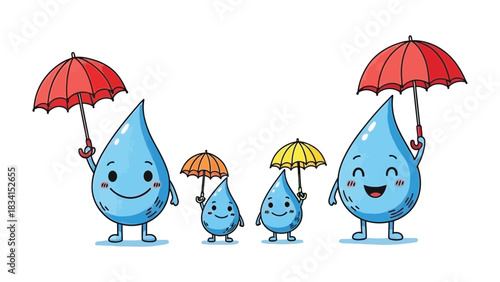 Raindrop Family's Shelter: An adorable family of smiling raindrops cheerfully holds vibrant umbrellas, symbolizing protection and unity amidst the gentle showers. 