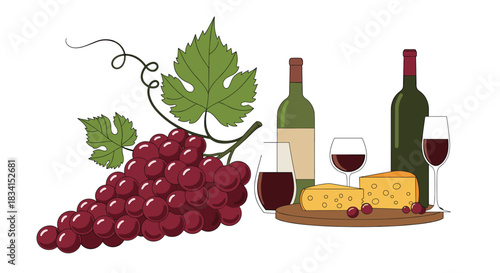 Still life illustration of red wine in bottles and glasses served with a wedge of cheese and a lush bunch of red grapes.