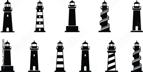 Black Silhouette Lighthouse Icons Set, Marine Coastal Navigation Beacon Tower Symbols, Sea Safety Guide, Nautical Travel Tourism Concept, Flat Vector Illustrations