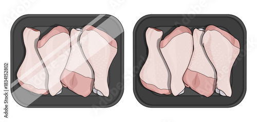 Chicken leg. Fresh meat in the package. Chicken drumstick in plastic food tray. 