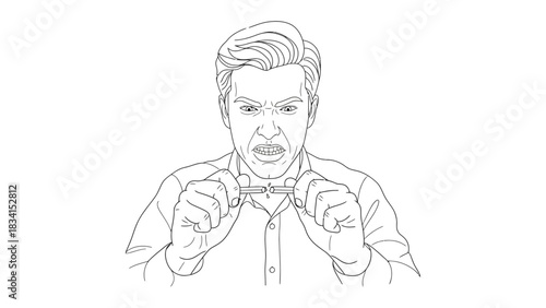 Illustration of angry man breaking pencil in half line drawing