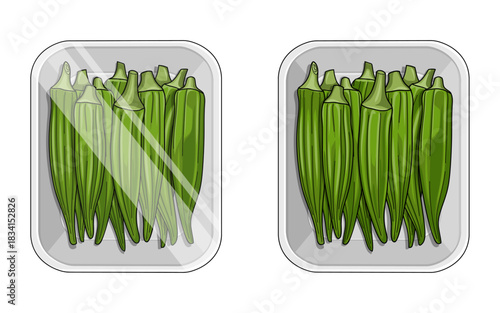 ladyfinger, okra in plastic tray with polythene transparent wrap. Isolated on white background. Supermarket or farm market raw food products for eating and cooking.