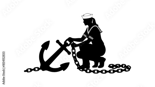 Woman sailor with anchor silhouette vector stock illustration