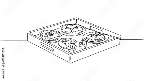 Hanukkah food tray with sufganiyot and dreidels line drawing
