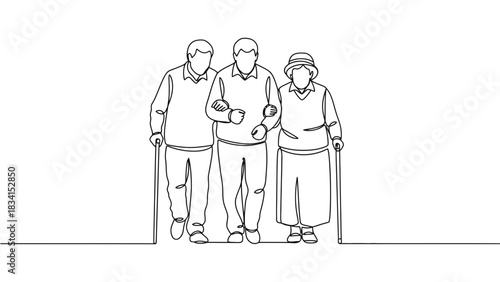 Continuous line drawing of elderly people walking together lineart