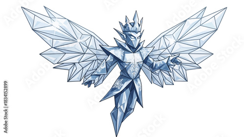 Enchanting ice king with crystal wings commands winter's magic, a captivating design for fantasy games, holiday cards, or seasonal promotions