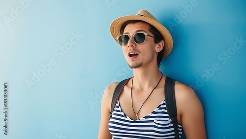 vacationer. A relaxed vacationer in nautical attire against a blue wall, looking surprised. tourism brochures, itinerary planners, designed for hospitality marketing for hotel rooms and spa retreats.