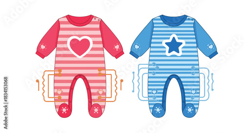 Futuristic concept of smart baby clothes with pink and blue onesies featuring integrated sensors for health monitoring.