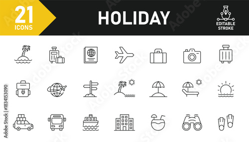 Holiday line icon set. Set of 21 outline icons related to holiday, vacation, travel, tourism, beach, tourist transportation, bags, suitcases and others. Editable stroke. Vector illustration.