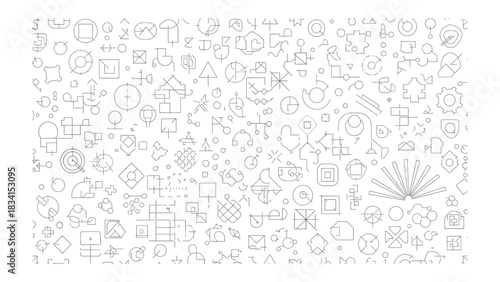 A Pattern of Elements: A complex arrangement of interconnected graphic elements, conveying concepts such as communication, nature, technology, and various other themes, all in a sleek, unified.