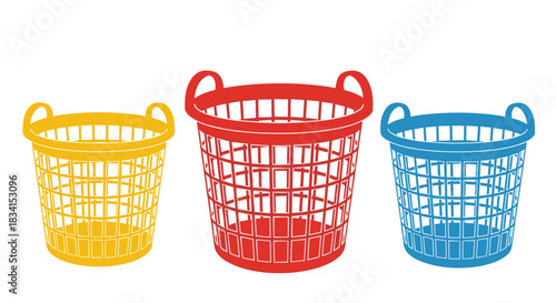 Simple graphic illustration of three colorful empty plastic laundry baskets in yellow red and blue for household chores.