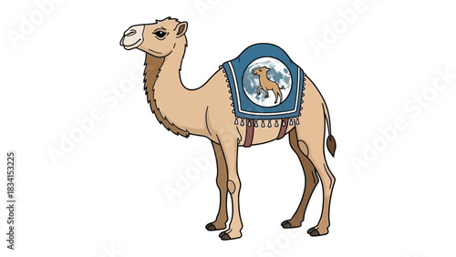 Camel in Profile: A charming illustration showcases a camel, bearing a saddle adorned with a unique design, poised elegantly in profile, perfect for adding an exotic touch to any project.