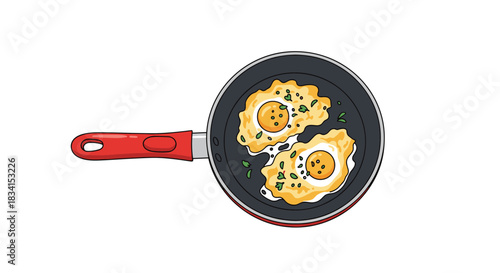 Top-down view illustration of two sunny side up fried eggs cooking in a black frying pan with a red handle and green herbs.