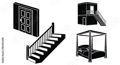 Door stairs building bed architecture interior design black white home